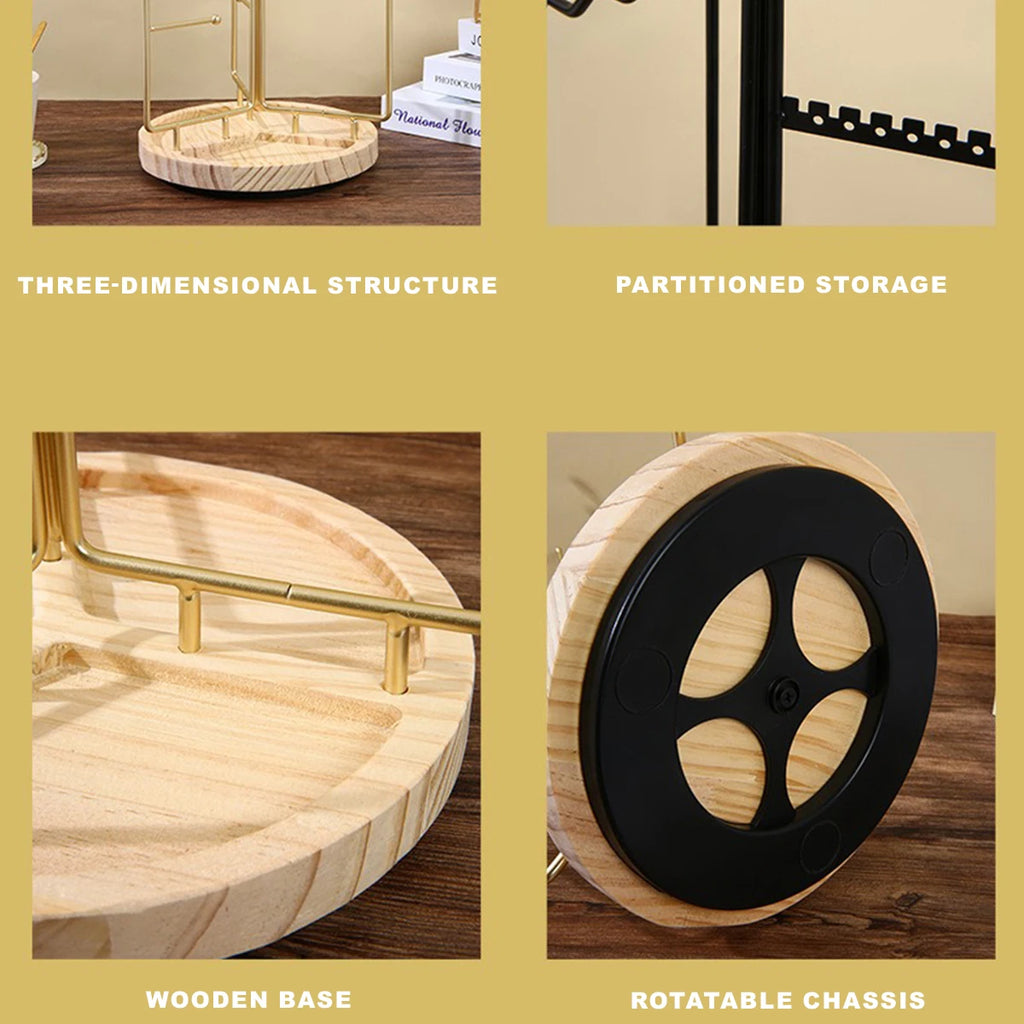 Iron Jewelry Organizer Stand - Gold Metal Frame & Wooden Base, Foldable & Rotatable, Multi-Compartment for Earrings/Necklaces/Br