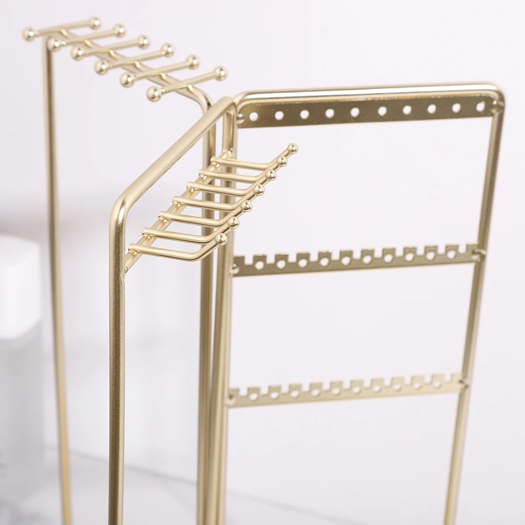Iron Jewelry Organizer Stand - Gold Metal Frame & Wooden Base, Foldable & Rotatable, Multi-Compartment for Earrings/Necklaces/Br