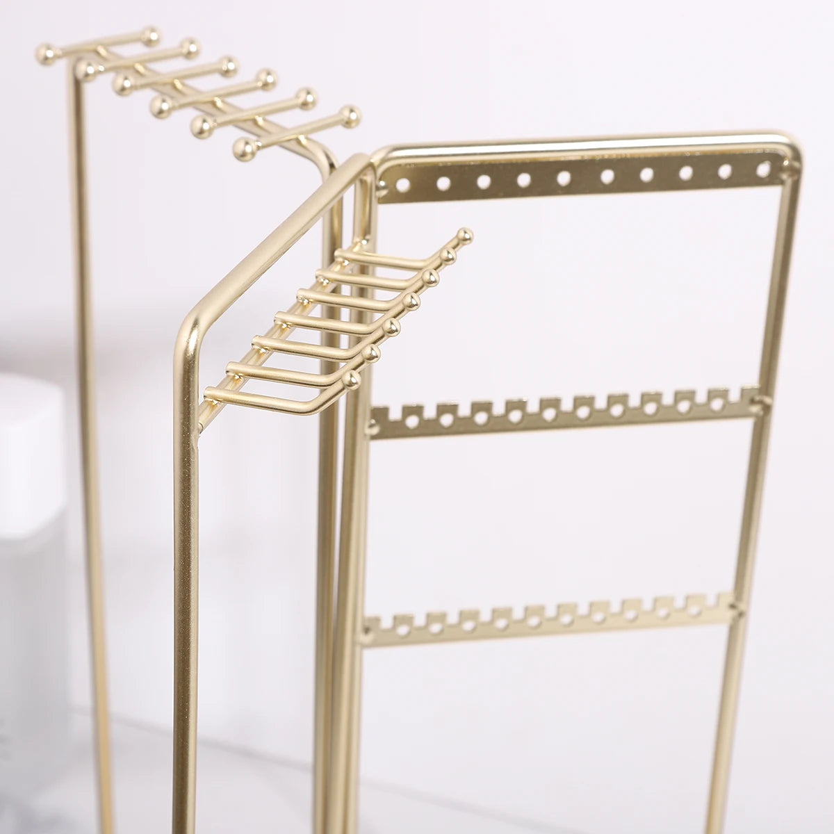 Iron Jewelry Organizer Stand - Gold Metal Frame & Wooden Base, Foldable & Rotatable, Multi-Compartment for Earrings/Necklaces/Br