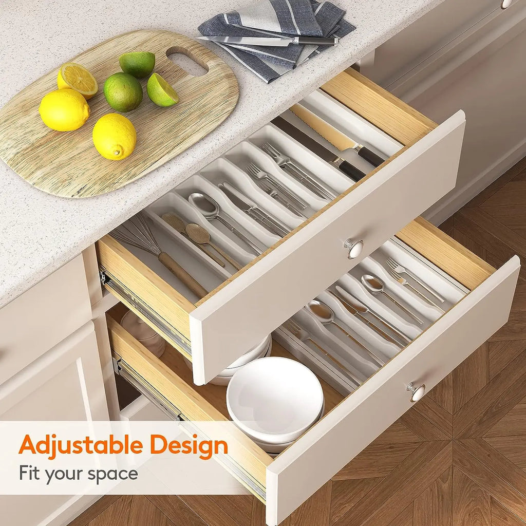 Silverware Drawer Organizer, Adjustable Expandable Utensil Tray, Plastic Cutlery Storage for Flatware, Knives, Spoons, Gadgets