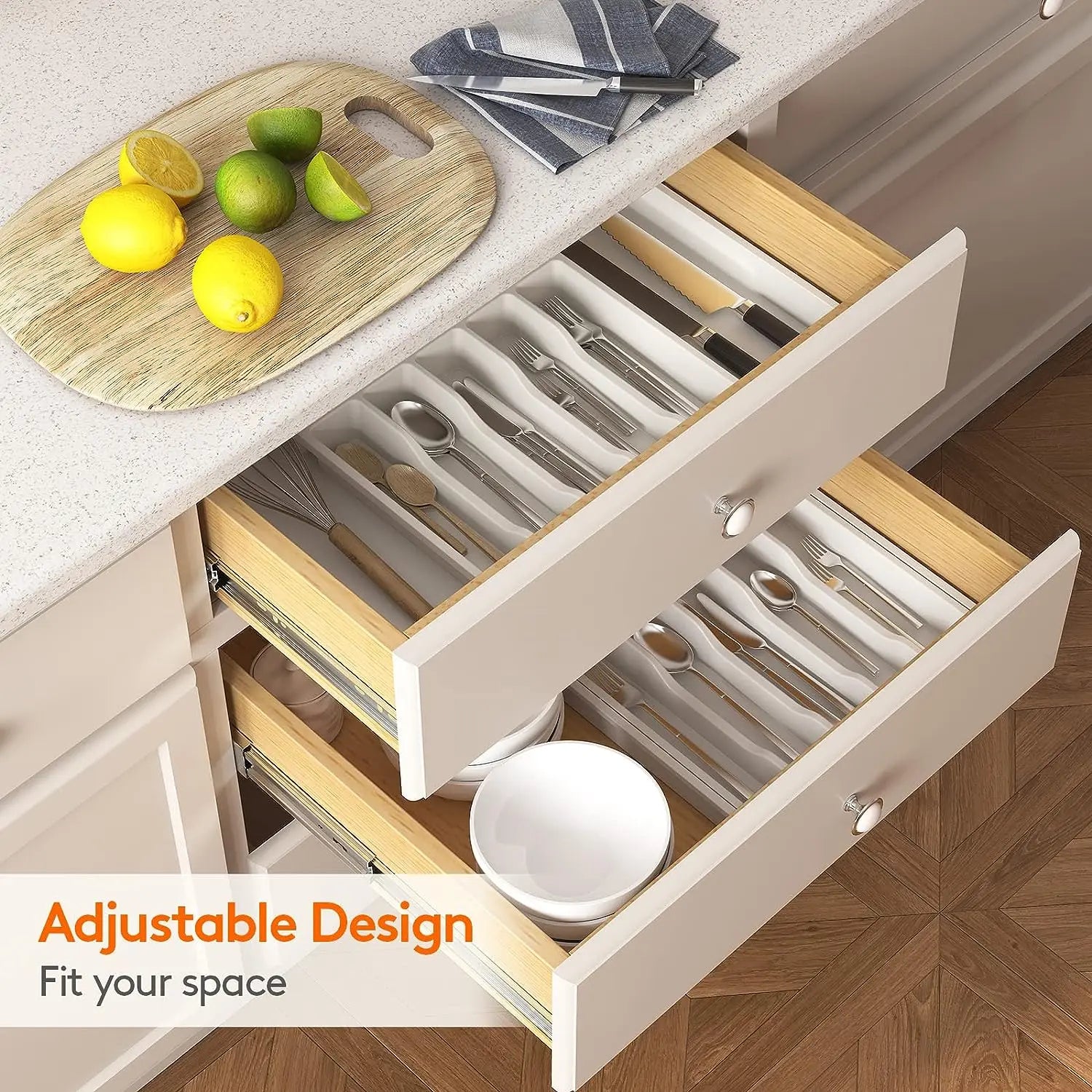 Silverware Drawer Organizer, Adjustable Expandable Utensil Tray, Plastic Cutlery Storage for Flatware, Knives, Spoons, Gadgets