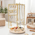 Iron Jewelry Organizer Stand - Gold Metal Frame & Wooden Base, Foldable & Rotatable, Multi-Compartment for Earrings/Necklaces/Br