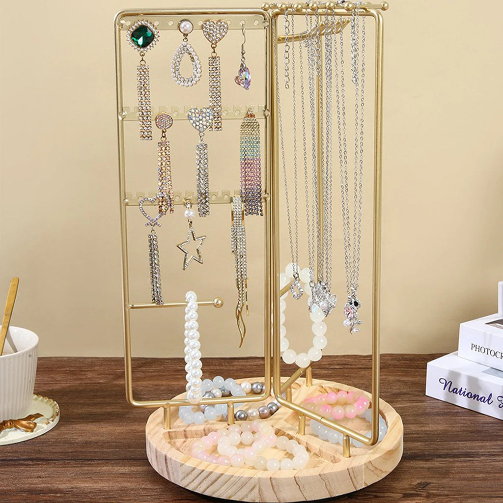 Iron Jewelry Organizer Stand - Gold Metal Frame & Wooden Base, Foldable & Rotatable, Multi-Compartment for Earrings/Necklaces/Br