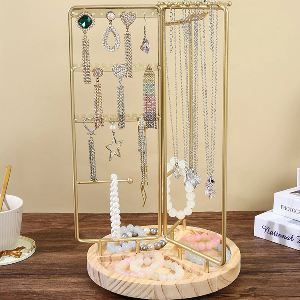 Iron Jewelry Organizer Stand - Gold Metal Frame & Wooden Base, Foldable & Rotatable, Multi-Compartment for Earrings/Necklaces/Br