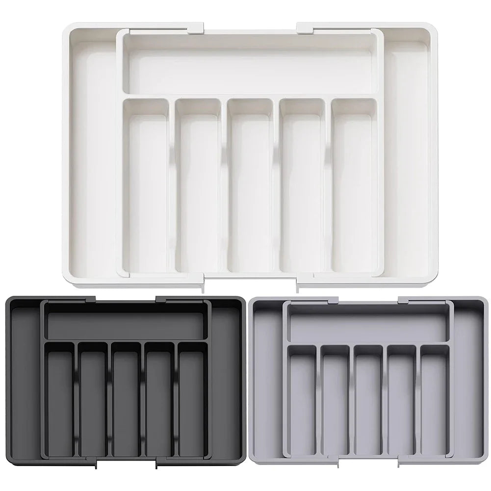 Silverware Drawer Organizer, Adjustable Expandable Utensil Tray, Plastic Cutlery Storage for Flatware, Knives, Spoons, Gadgets
