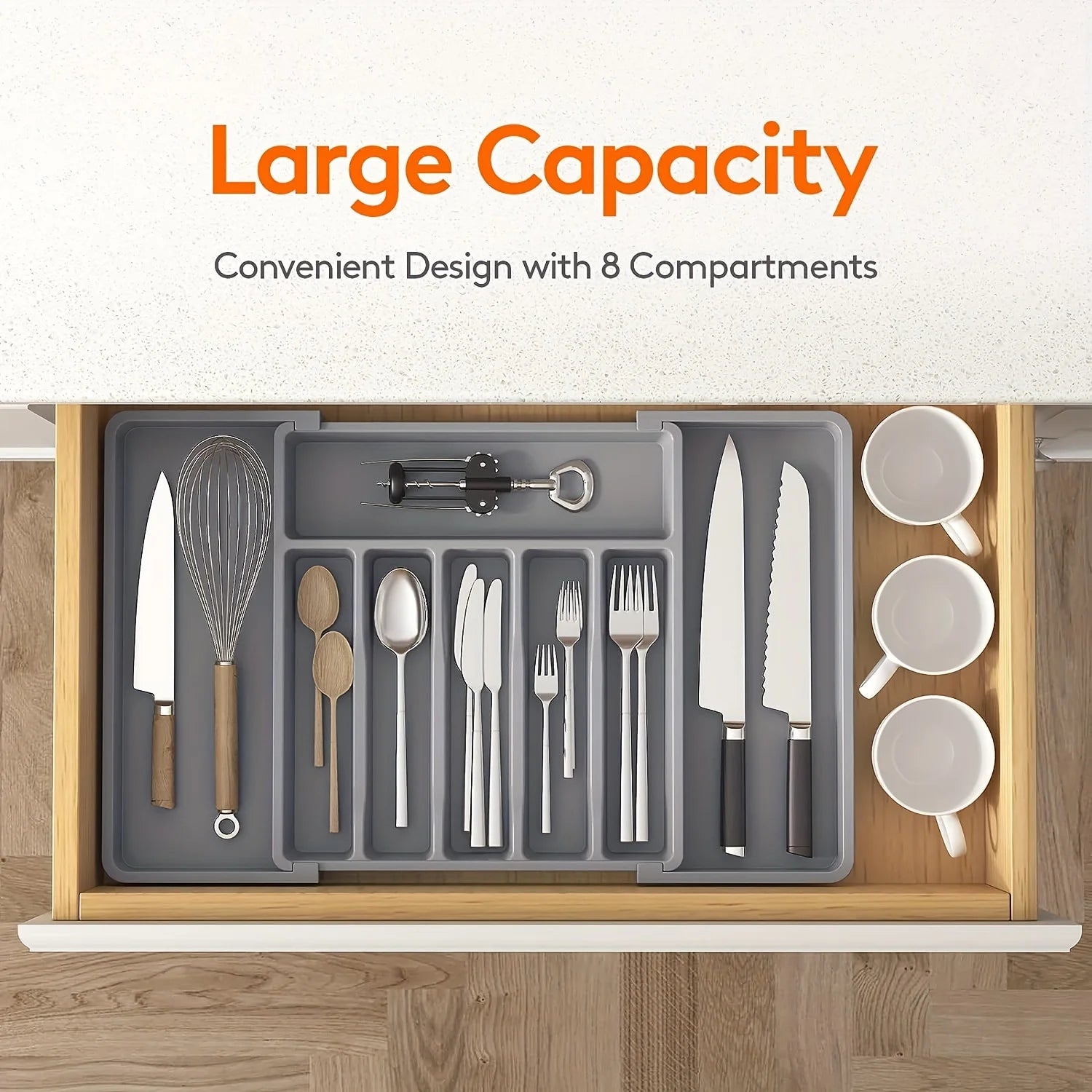 Silverware Drawer Organizer, Adjustable Expandable Utensil Tray, Plastic Cutlery Storage for Flatware, Knives, Spoons, Gadgets