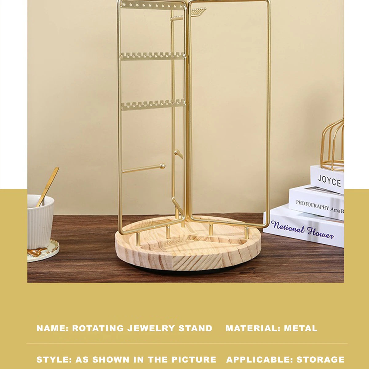 Iron Jewelry Organizer Stand - Gold Metal Frame & Wooden Base, Foldable & Rotatable, Multi-Compartment for Earrings/Necklaces/Br